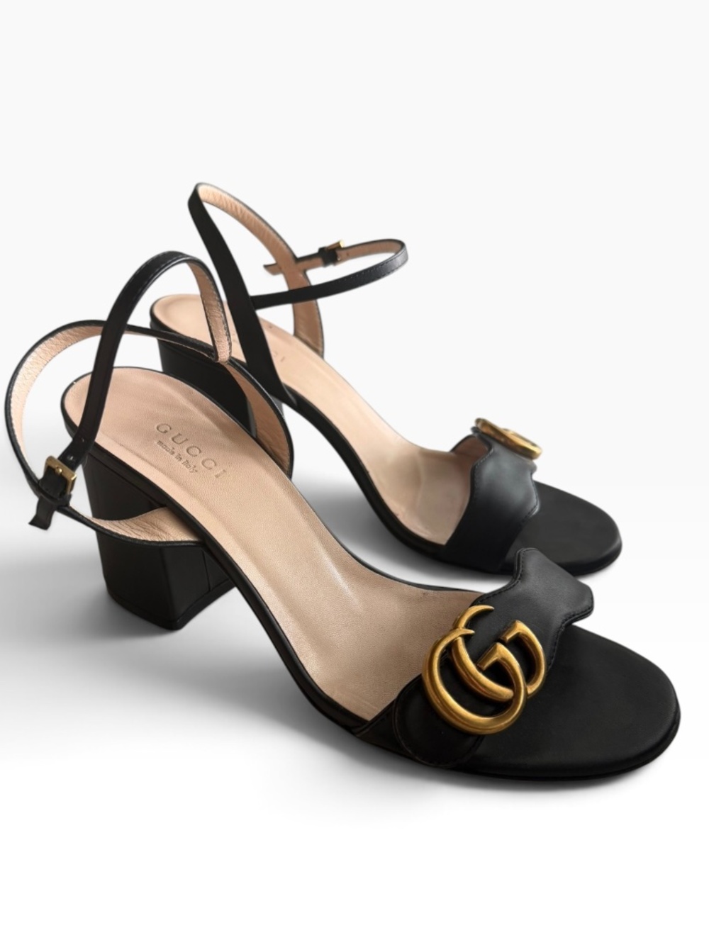 Gucci Lifford Double G Black Leather Sandals Heels Size 37